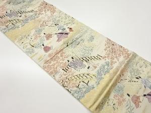 木々・橋に人々模様織出し袋帯